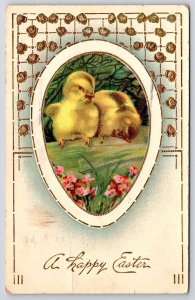 1911 A Happy Easter Two Chicks And Flowers Greetings Posted Postcard