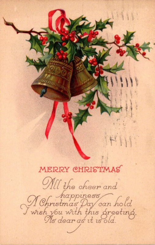 Merry Christmas With Gold Bells and Holly 1920