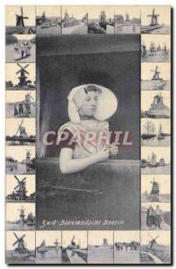 Postcard Old Windmill Zuid Bevelandsche Boerin Folklore