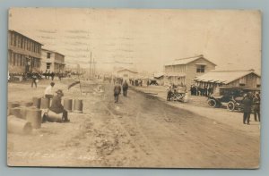 CAMP DIX NJ STREET SCENE w/ AUTOMOBILES ANTIQUE REAL PHOTO POSTCARD RPPC