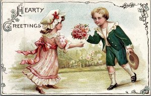 c1909 VALENTINE HEARTY GREETINGS VICTORIAN BOY & GIRL EMBOSSED POSTCARD 26-256