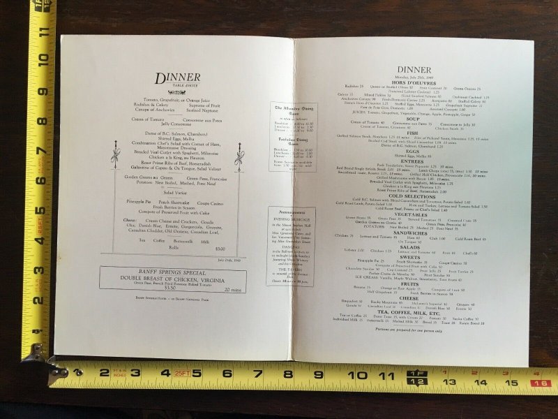 1949 Banff Springs Hotel Dinner Menu Canadian Pacific Hotels Eighteenth Hole