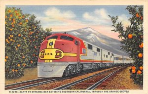 Santa Fe's, super chief, traveling through the orange groves CA, USA Railroad...