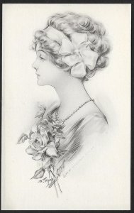 Portrait of Beautiful Lady Bow in Hair and Roses in Front of Her Unused c1910s