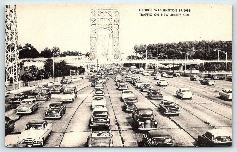 Postcard NJ George Washington Bridge Traffic on New Jersey Side Linen F02