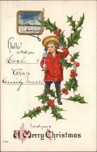 Christmas Boy Old Telephone Children's Fashion Cute Message c1910 Postcard