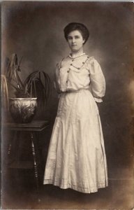 RPPC Woman with Pottery Planter on Table Studio Photo Postcard G26