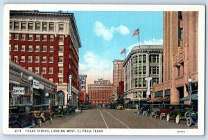1940 El Paso Texas Vintage Postcard Street Looking West Classic Cars Buildings