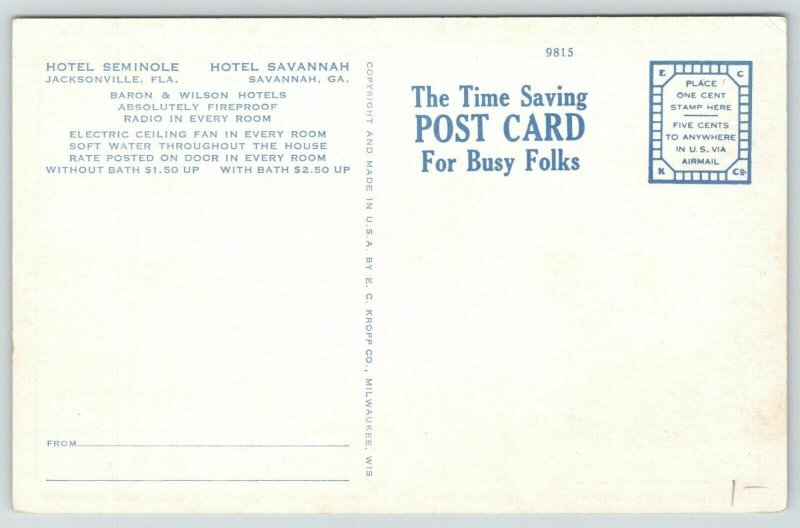 Jacksonville FL~Savannah GA~Fireproof Hotels~Busy Persons Correspondence c1930