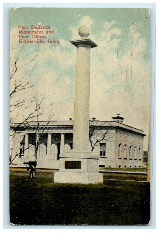 1910 Fort Defiance Monument And Post Office Estherville Iowa IA Antique Postcard 