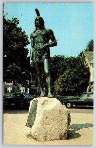 Plymouth MA~Statue Of Indian Massasoit~Pilgrim Protector~Cars~1950s Postcard