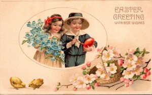 Easter Greetings Young Boy and Girl Painting Egg With Flowers Embossed