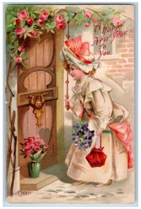 Bridgeport CT Postcard New Year Girl Knocking Door With Flowers Embossed 1905