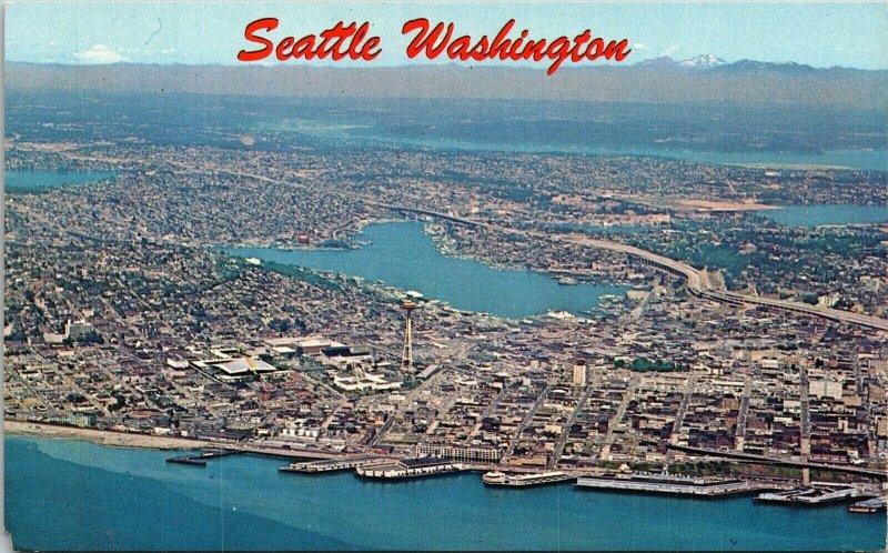 Seattle Washington Waterfront Aerial View Metropolitan Space Needle Postcard VTG 