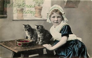 Postcard Christmas Greetings Girl in Bonnet Gray Kittens & Bowl Of Cherries 3027