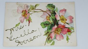 postcard Embossed orchids Mrs. Luella Iverson in glitter