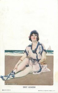 Lady swimsuit on sandy beach Dry Goods artist James Montgomery Flagg postcard