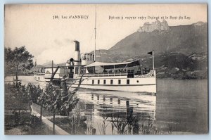 Lake Annecy France Postcard Steamboat Between Duingt and Le Bout Du Lac c1910