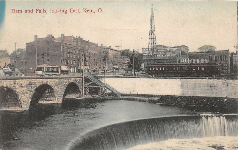 G94/ Kent Ohio Postcard c1910 Dam and Falls Railroad Trolley Stores