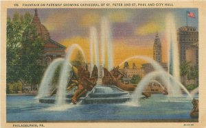 Fountain on Parkway St Peter & Paul Streets Philadelphia Linen Postcard Unused