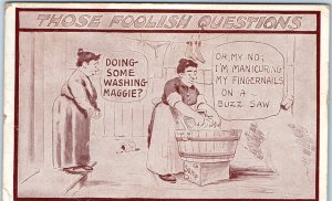 c1910s Funny Mocking Foolish Questions Postcard Fingernail Manicure Buzz Saw A76