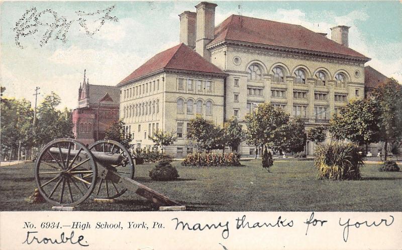 York Pennsylvania~High School~Cannon Diplayed in Yard~c1905 Postcard
