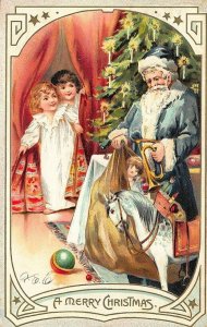 Blue Suited Santa Claus Delivering Toys A Merry Christmas Raphael Tuck Postcard 