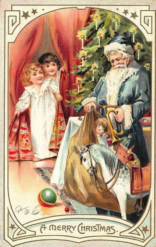 Blue Suited Santa Claus Delivering Toys A Merry Christmas Raphael Tuck Postcard