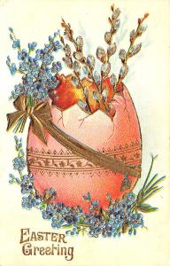 Easter Greetings Pink Egg Pussy Willows Postcard