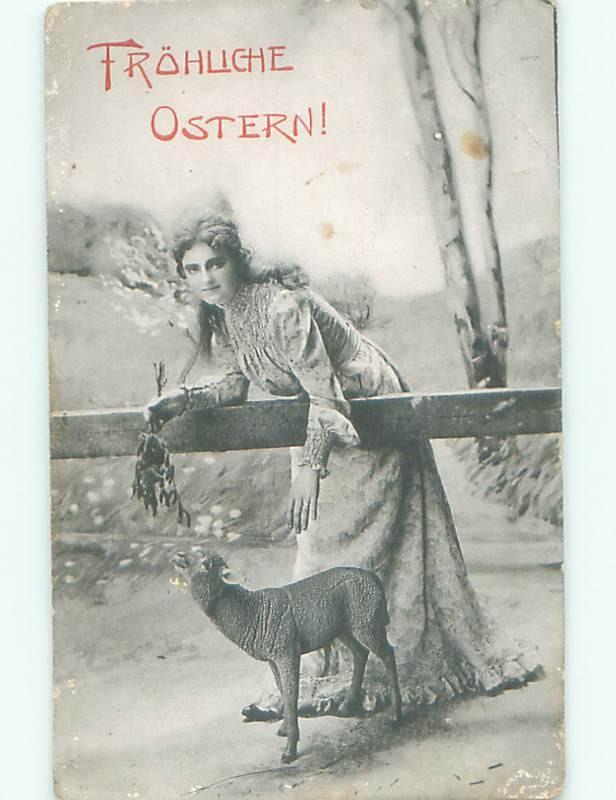 Pre-Linen Easter WOMAN PETS BABY LAMB AT FENCE AB4172