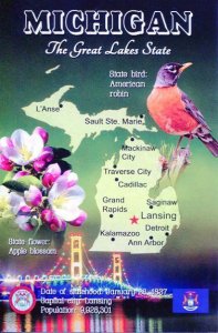 MICHIGAN Map Postcard - The Great Lakes State -  State Symbols