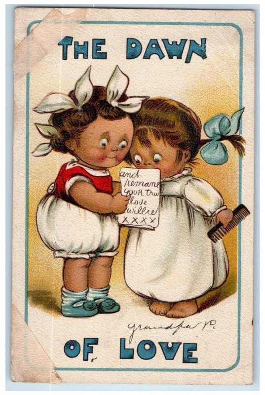1911 Valentine Girls Reading Letter Comb The Dawn Of Love Concordia KS Postcard 