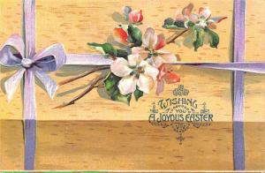 Joyous EASTER Greetings  PURPLE RIBBON & FLOWERS   c1910's Embossed Postcard