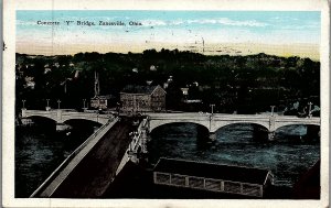 1929 ZANESVILLE OHIO CONCRETE Y BRIDGE TROLLEY ARIEL LANDMARK POSTCARD 26-141