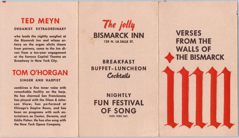 c1940s Chicago Bismarck Inn Folding Ad Card Pro-Drinking Alcohol German Pub C57