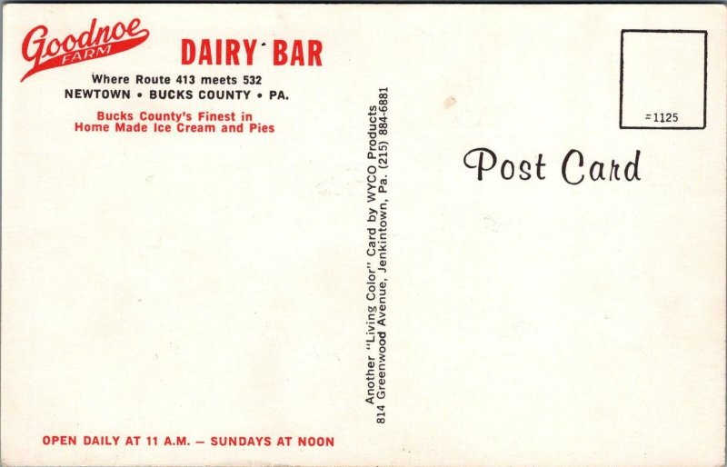 Postcard Goodnoe Farm Dairy Bar Restaurant Newtown Bucks County PA