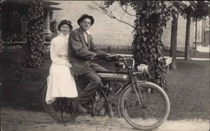 Motorcycle Man & Woman Sit Belding MI Cancel 1916 Real Photo Postcard