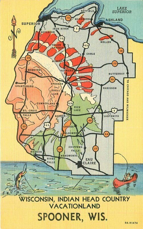 Eau Claire Teich Indian Head Map attractions linen Postcard Wisconsin