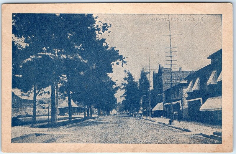 c1910s Honesdale, PA Main St Blue Litho Photo PC Telegraph Lines Downtown A147