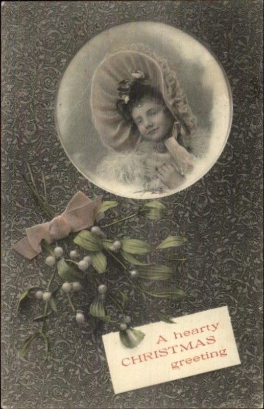 Art Nouveau Christmas- Little Girl Large Hat in Bubble c1910 Postcard