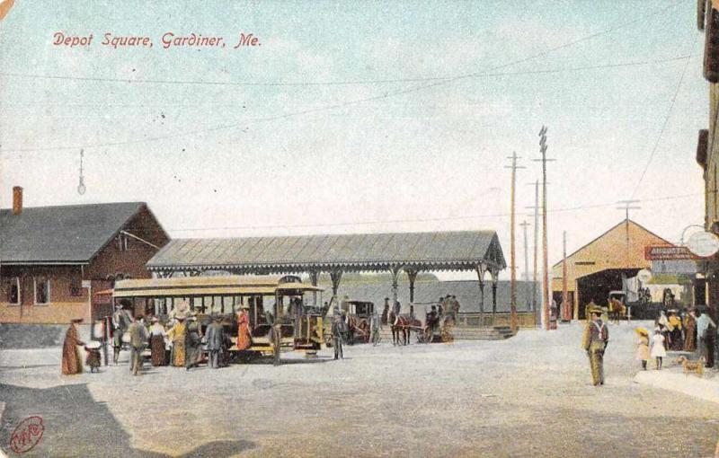 Gardiner Maine Depot Square Trolley Antique Postcard J73078