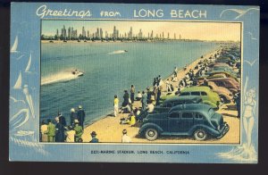 Long Beach, California/CA Postcard, Marine Stadium, 1940's Cars Along Shore