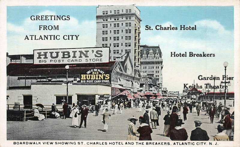 Boardwalk and St.  Charles Hotel, Atlantic City, N.J., Early Postcard, Unused 