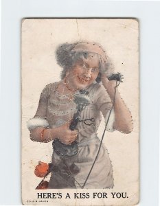 Postcard - Here's A Kiss For You. - Woman with telephone Art Print