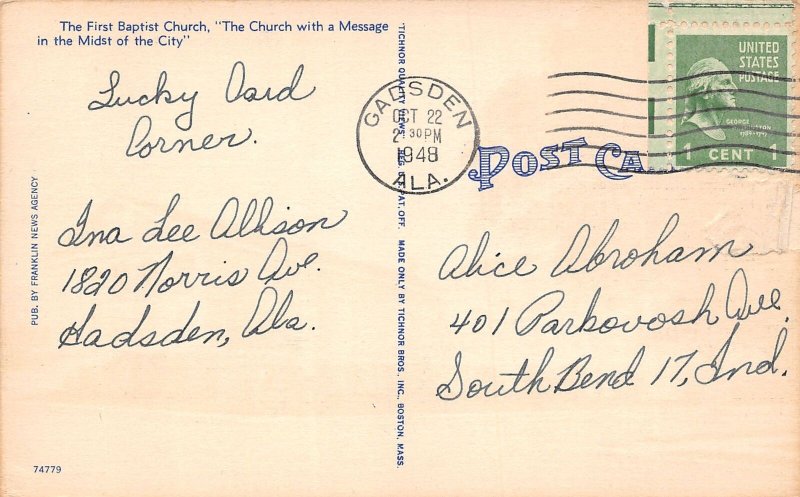 J39/ Birmingham Alabama Postcard Linen First Baptist Church 140