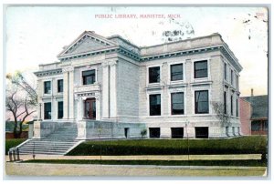 1907 Public Library Building Scene Street Manistee Michigan MI Antique Postcard