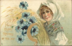 TUCK R117 - Beautiful Young Woman Wheat Sickle HAPPY RETURNS Postcard