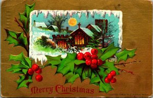 Gilt Holly Winter Cabin Scene Embossed Merry Christmas H I Robbins Postcard C4