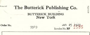 1923 THE BUTTERICK PUBLISHING CO NEW YORK BUTTERICK BLDG BILLHEAD RECEIPT Z4208