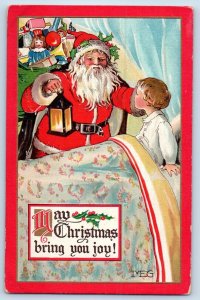 Christmas Postcard Santa Claus With Lantern Sack Of Toys Little Boy On Bed 1913